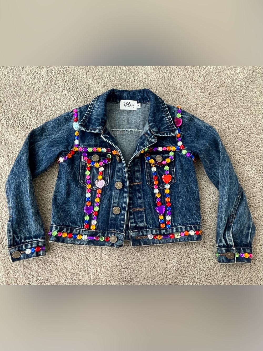 Lola + The Boys Jellybean Denim Jacket with Multicolor Gem Embellishment